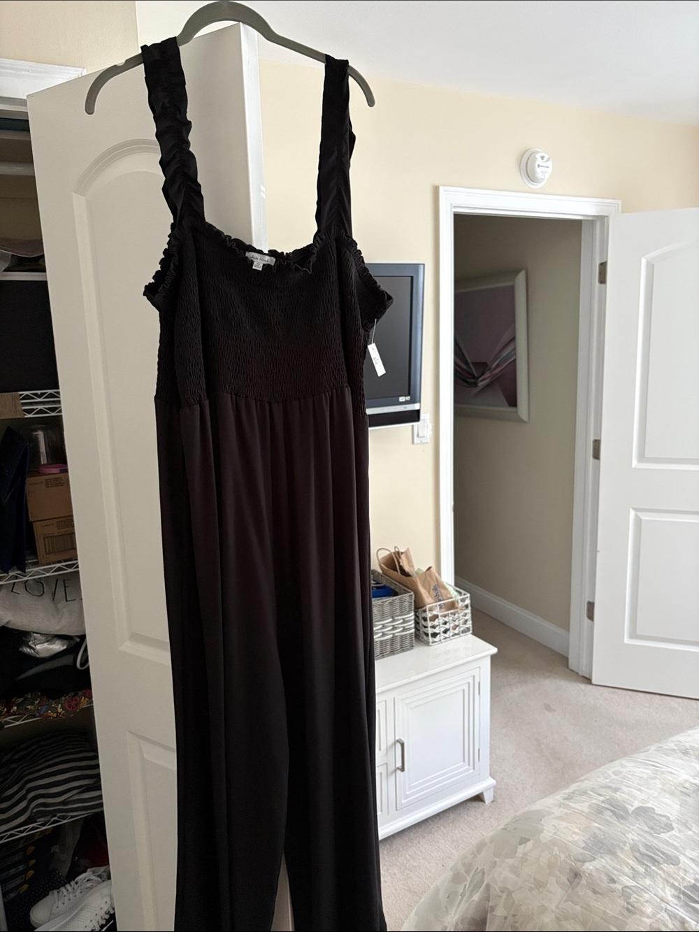 white birch Black Wide-Leg Jumpsuit with Ruching Straps